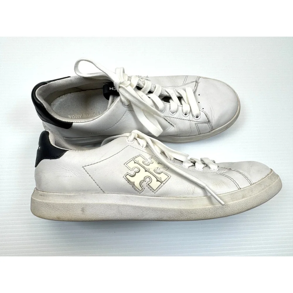 Tory Burch Double T Howell‎ Coat Sneakers Women 7M Leather Logo Lace Up Comfort